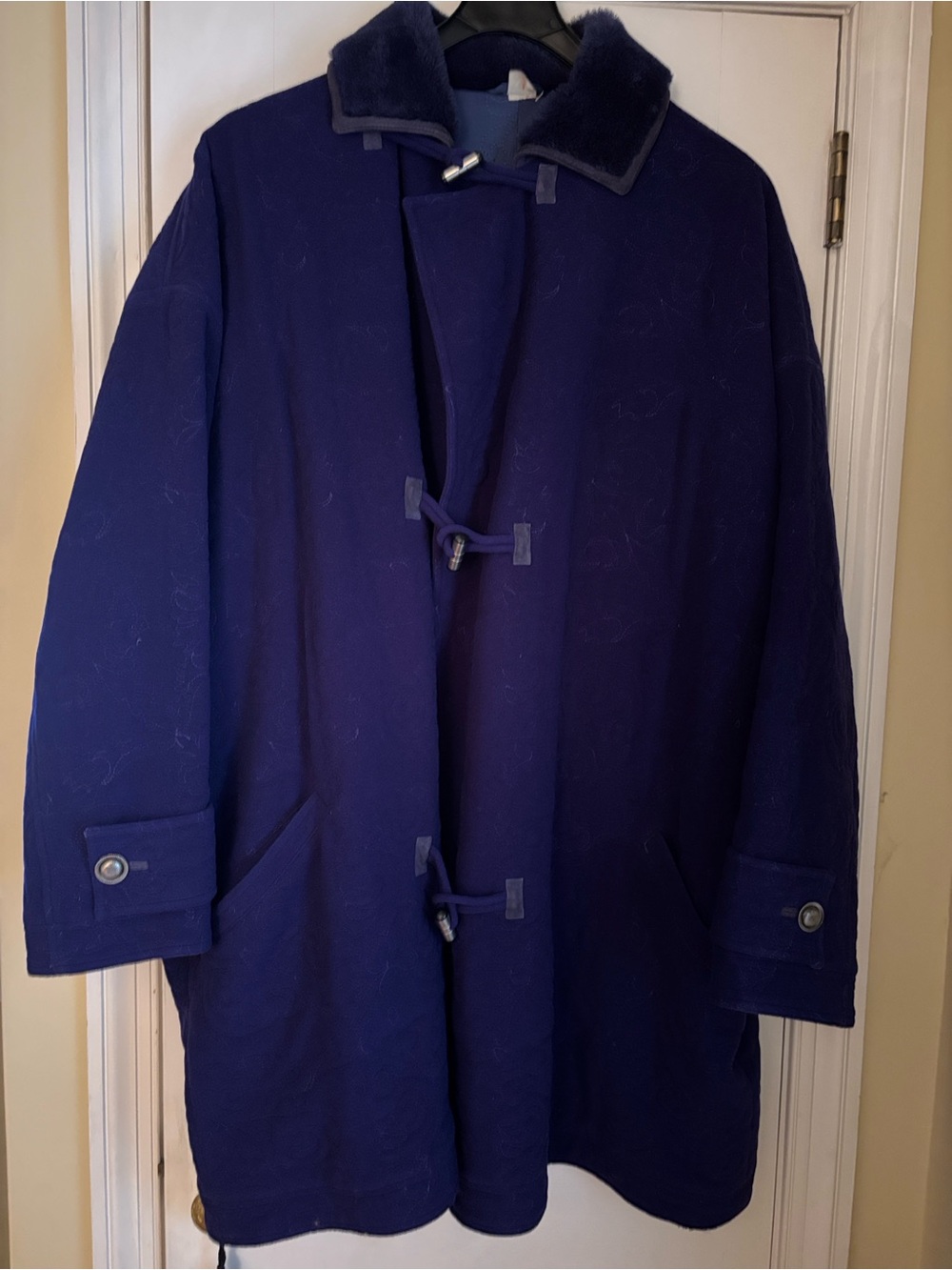 Versace Men's Deep Blue Wool Toggle OverCoat with Plush Collar